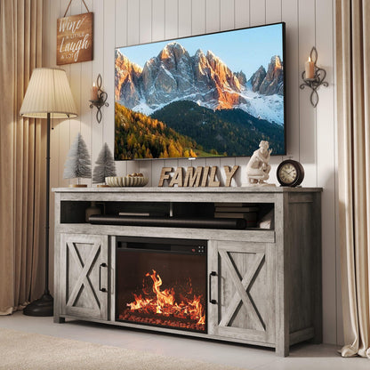 BELLEZE 58" Farmhouse Fireplace TV Stand for TVs up to 65", 23" Electric Fireplace Heater with Sound, Entertainment Center Media Console Table Barn Door Storage Cabinets for Living Room -Gray