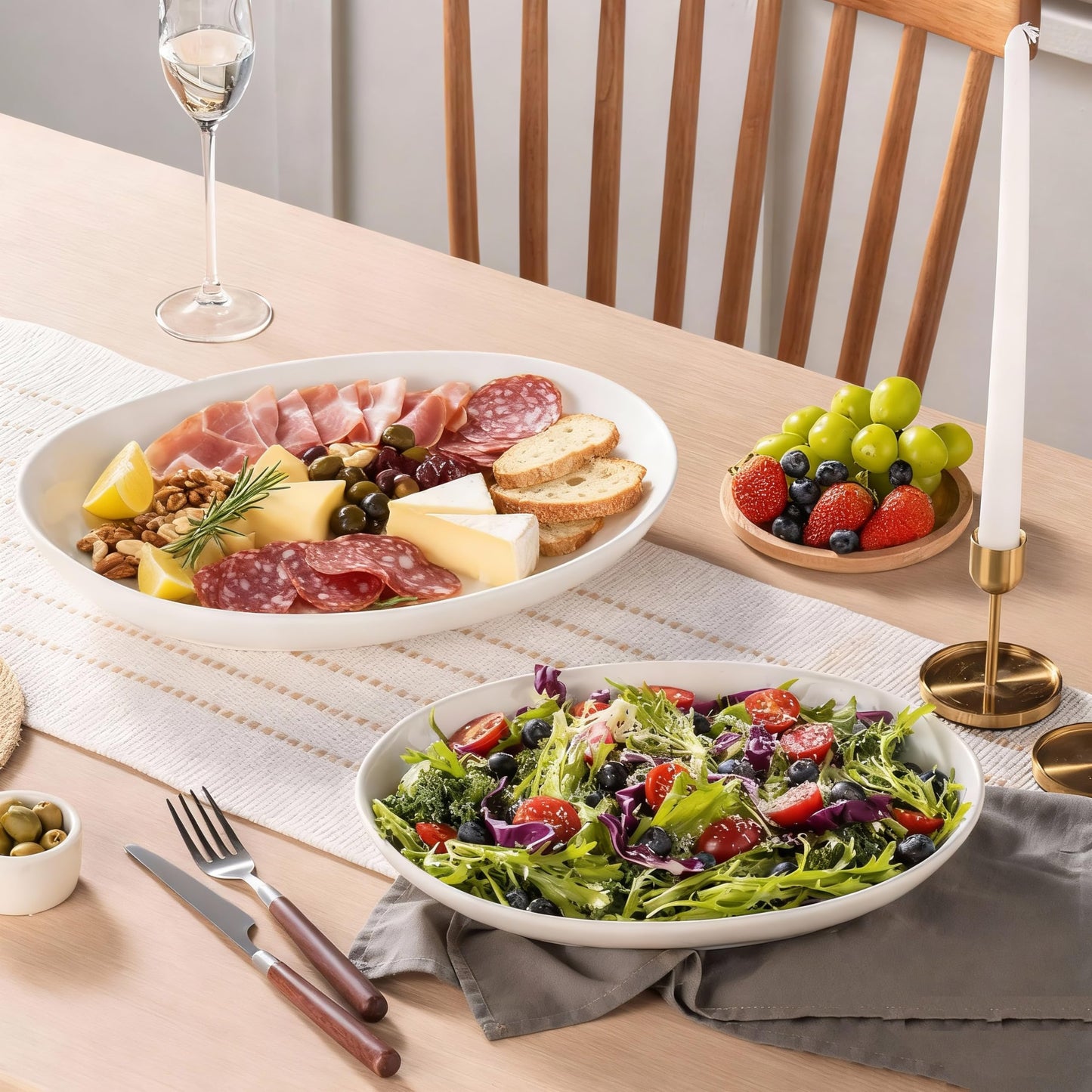 Gacoree Oval Serving Platters Set of 2 (14" & 12"), Large Deep Ceramic Serving Dishes for Entertaining, Turkey, Fish, Salad, Oven Safe White Porcelain Serving Plates
