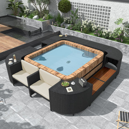 YOPTO Outdoor Waterproof Spa Surround Rattan Sectional Sofa Set with Mini Sofa,Wooden Seats and Storage Spaces Chaise w/Comfortable Cushion,Garden Furniture for Yard Pool Backyard,Beige