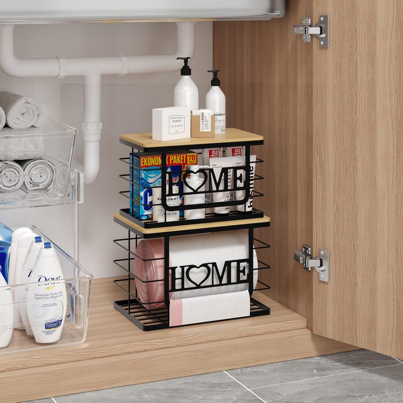 Trash Bag Holder, Thipoten Trash Bags Dispenser with Bamboo Top, Suitable for Garbage Bags Purchased Online or Supermarket, Perfect Storage Organizers for Cabinet, Under Sink (Black, 2pack-XL/L)