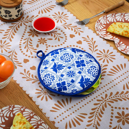 Honeydak 2 Pcs Tortilla Warmer Pouch, Mexican De Barro Talavera Pattern Microwavable Insulated Cloth Pouch for Tortillas, Tacos, Naan, and Pizza Rolls(Blue Talavera,8 Inch)