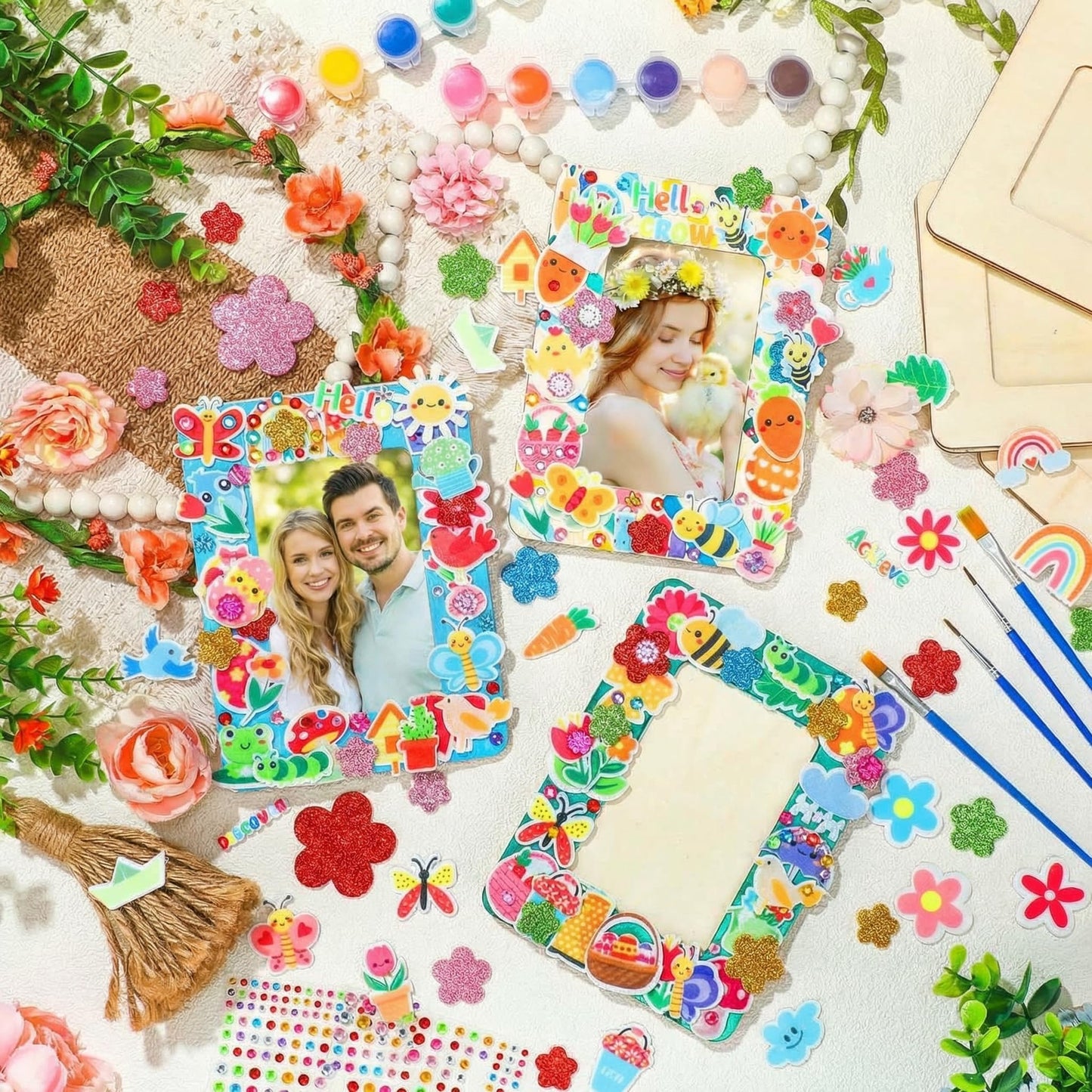 Gerrii 12 Pack Spring Picture Frame Painting Craft Kit Unfinished Wooden Photo Frame for 3 x 5 in Photos with Stickers Painting Tools Set for Graduation Birthday Home DIY Craft