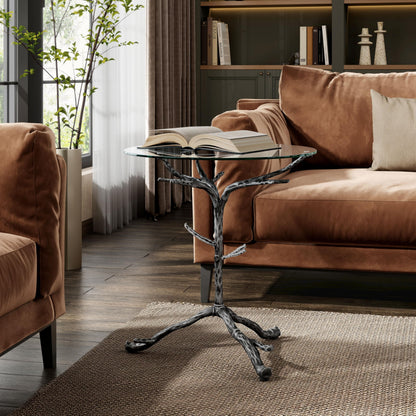 24/7 Shop at Home Lalia Modern Round End Table with Nature-Inspired Branch Base, Tempered Glass Top, Hammered Steel Frame for Living Room, Matte Grey