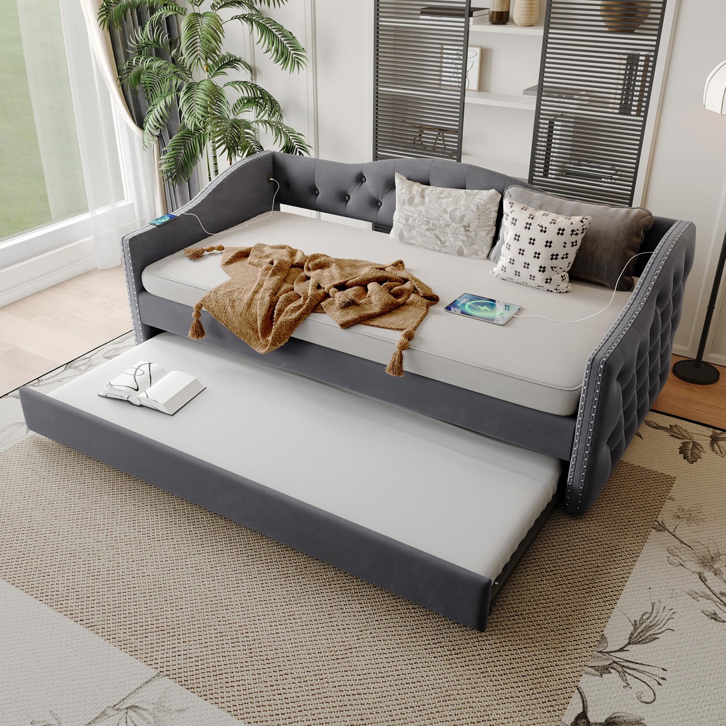 KEIKI Twin Size Daybed with Trundle and USB Charging, Upholstered Velvet Bed Frame with Storage, Captains Bed for Bedroom/Guestroom/Dorm, Gray