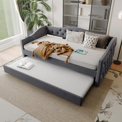 GDFStudio Twin Size Bed Frame with Trundle, Upholstered Twin Daybed with USB Charging Station, Diamond Tufted Velvet Sofa Bed, Wood Platform Twin Bed Frame with Solid Slat, No Box Spring Needed, Gray