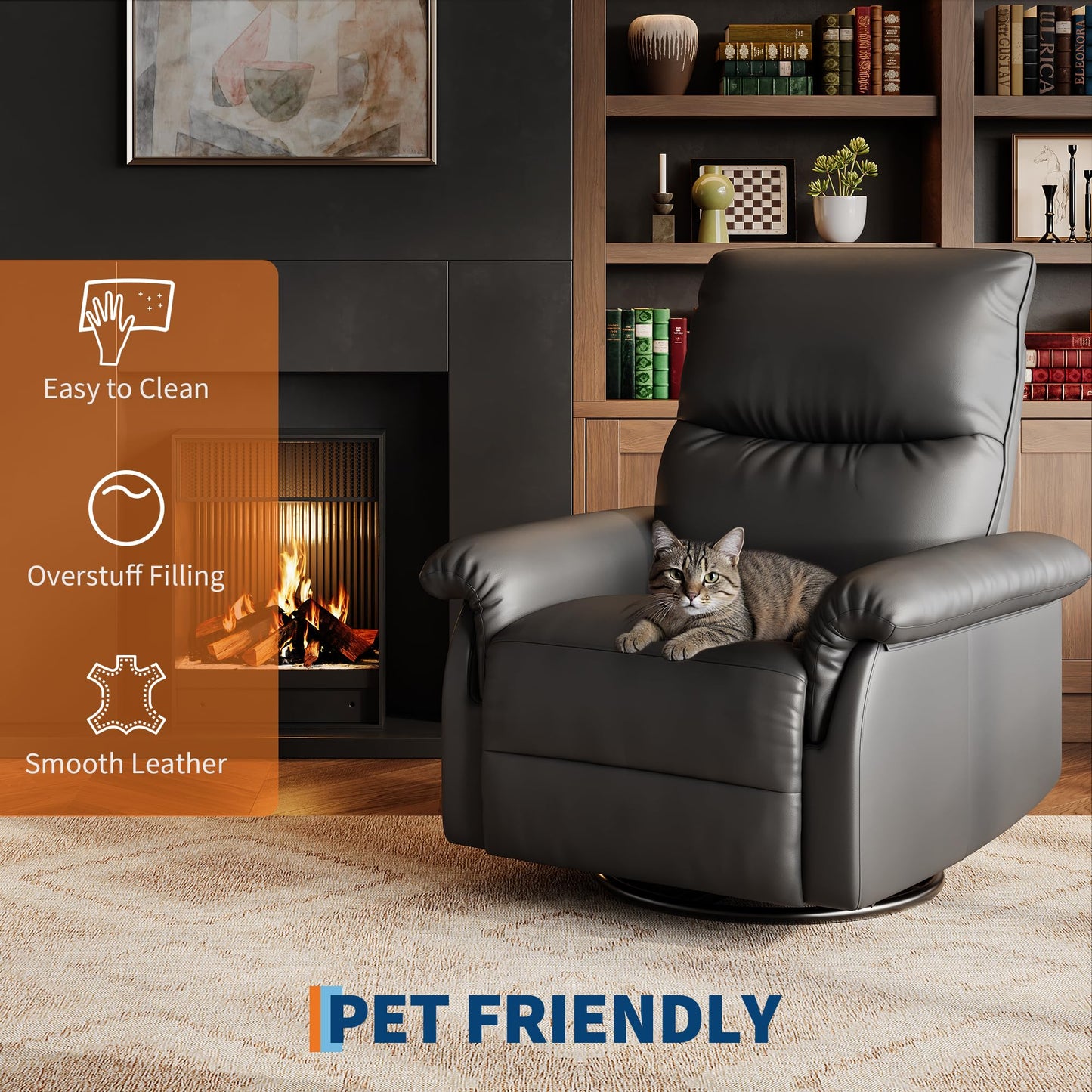 Manual Recliner Chair for Adults, PU Leather Swivel Rocker Recliner with Padded Armrests, Modern Upholstered Reclining Chair for Living Room or Nursery (Black)