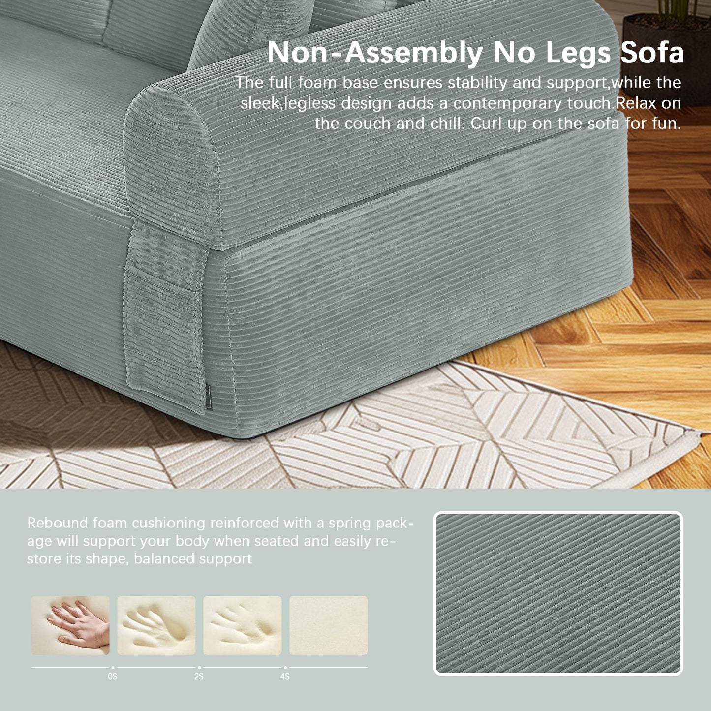 83" Modern Sofa in a Box, No Assembly Oversized 3 Seater 28" Deep Seat Cloud Sofa Bed Couch with 4 Furry Pillows & Corduroy Fabric, Boneless Couch with Side Storage Pockets for Living Room, Light grey