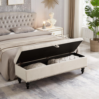 GDFStudio 59" Mid-Century Modern Rectangle Storage Ottoman Bench, Button Tufted Lift-Top Linen Ottoman Foot Rest with Solid Legs and Nailhead Trim, Upholstered Oversized Pouf for Living Room, Beige