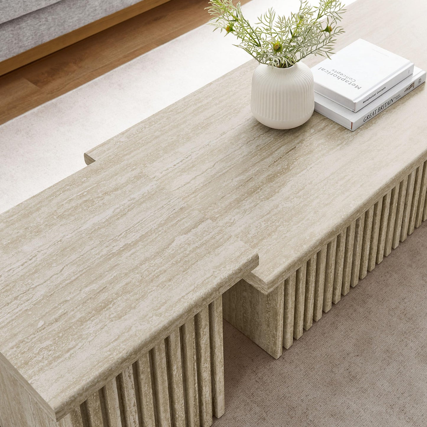 Modway Render Faux Travertine Slatted Nesting Coffee Table Set in Travertine - 2 Piece Low Profile Coffee Table Mid Century Modern - Abstract Coffee Tables for Living Room - Nested Accent Tables