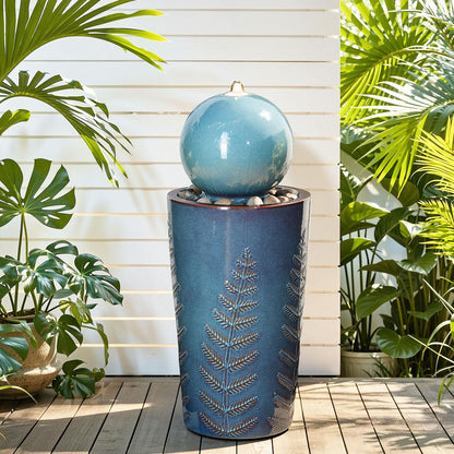 Autodaya 29.5" H Ceramic Sphere Water Fountain with LED Lights, Modern Nature-Inspired Design, Teal Blue Glaze with Leaf Patterns & Pebbles, Soothing Trickling Water Feature for Patio, Yard and Garden