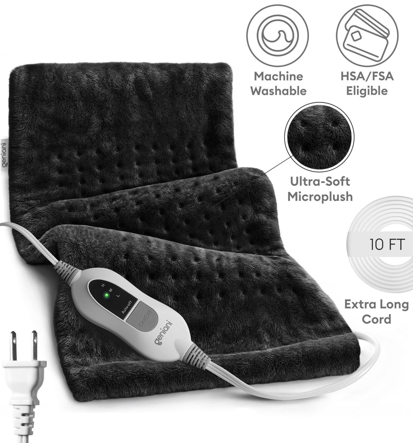 GENIANI Electric Throw - XL Electric Heating Pad for Back Pain & Cramps Relief, Birthday for Women Men Auto Shut Off, Machine Washable, Heat Pad for Neck & Shoulder, 12×24", Tabby Gray