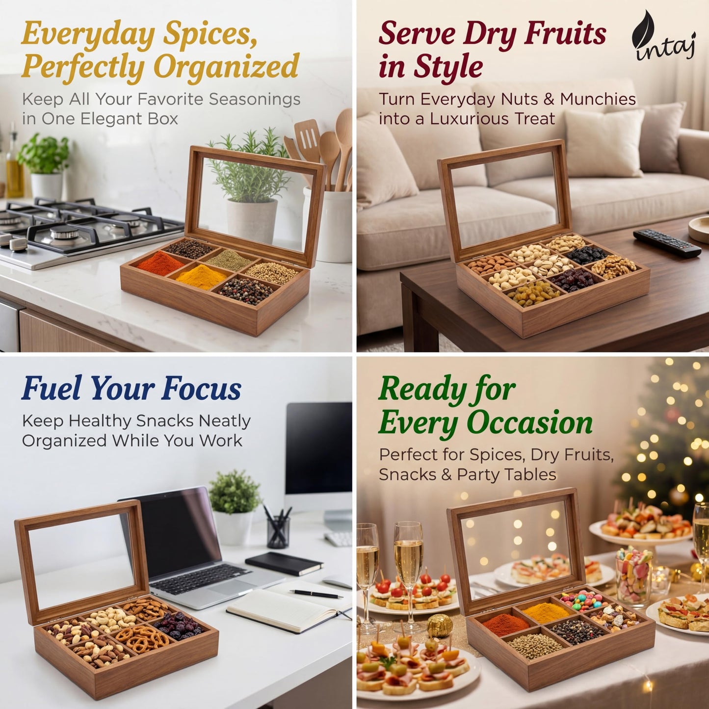 INTAJ Wooden Spice Box Organizer Square Masala Dabba 9 Compartment Seasoning Herb Container Cabinet Pantry Drawer Rack Storage Countertop Shelf Gift For Kitchen Home Cooks Display Set Organiser