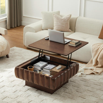 Ball & Cast 31" Square Lift-Top Coffee Table with Hidden Storage, Solid Wood Frame & Sturdy Base with Ash Veneer, Modern Minimalist Fluted Center Table for Living Room, Office & Small Spaces, Walnut