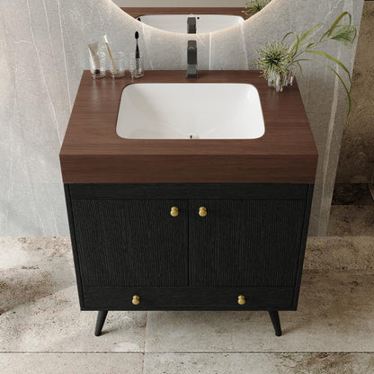 KEIKI 30 Inch Freestanding Bathroom Vanity with Sink, Retro Storage Cabinet with Double Door and Drawer, Waterproof Wood Panel, Faux Marble Top & Ceramic Basin Combo Set, Black & Walnut