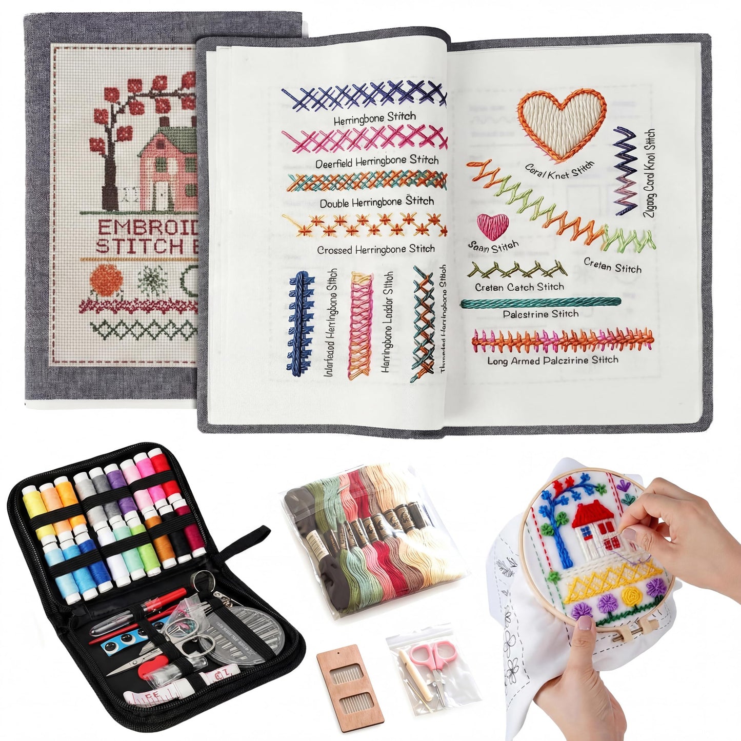 Upgraded 2026 Embroidery Stitch Book Kit for Beginners | 106 Patterns, 65 Water Soluble Designs, 86 pcs Sewing Supplies Set with Hoop | Complete Set | DIY Craft Cross Stitch Practice Book