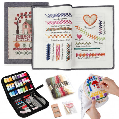 Upgraded 2026 Embroidery Stitch Book Kit for Beginners | 106 Patterns, 65 Water Soluble Designs, 86 pcs Sewing Supplies Set with Hoop | Complete Set | DIY Craft Cross Stitch Practice Book