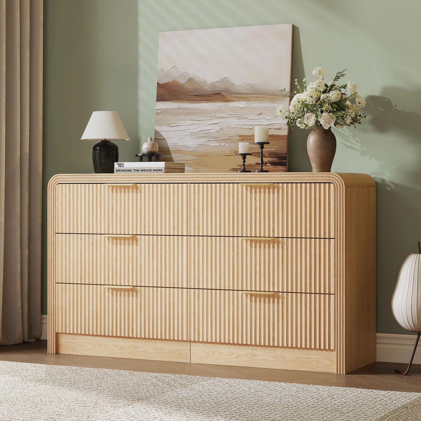 Decofy Fluted Drawers Dresser for Bedroom, Wood Dressers with Gold Handles, Modern Dressers with Wave Texture, Large Storage Chest of Drawers, Bedroom Dresser Organizer 55'' & 6 Drawers (Natural Oak)