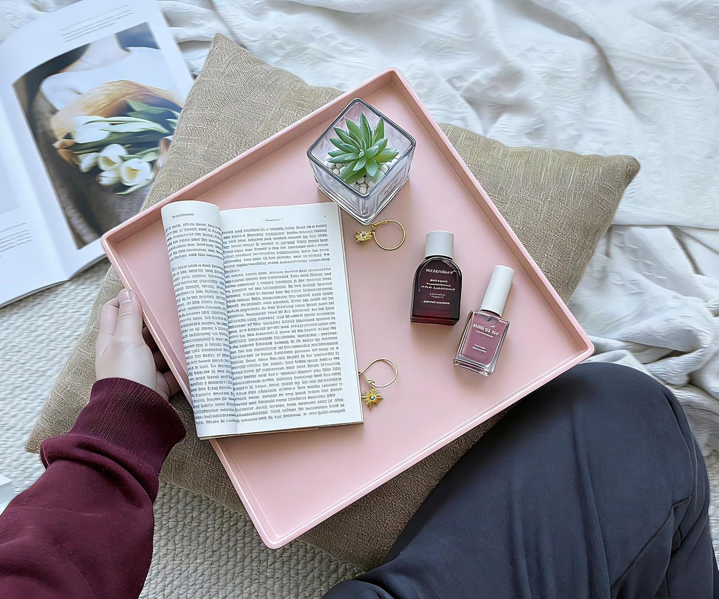 11 Inch Countertop, Pink Square Tray - Decorative Organizer Tray for Vanity, Bathroom Coffee Table & Ottoman |