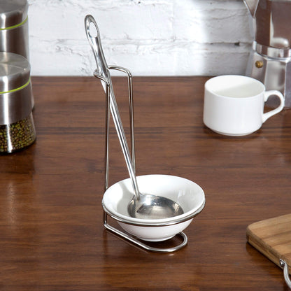 MyGift White Ceramic Ladle Holder Spoon Rest, Upright Single Cooking Utensil Holder, Vertical Drip Catcher Dish with Stainless Steel Stand for Kitchen Counter