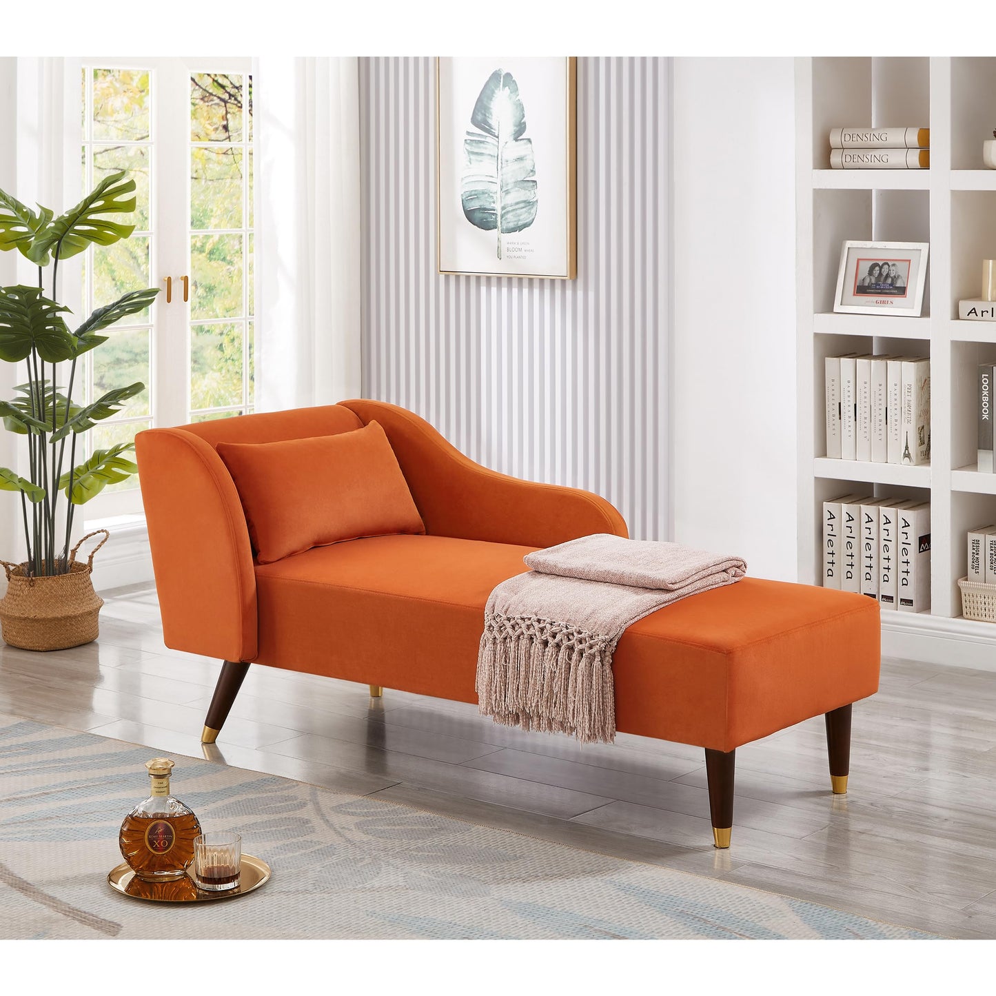 GDFStudio Upholstered Chaise Lounge Chair Indoor, Modern Velvet Recliner Lounge Chair with Removable Pillows, Gold Wood Legs, Backrest & Armrest, Reading Chaise Chair for Living Room Bedroom, Orange