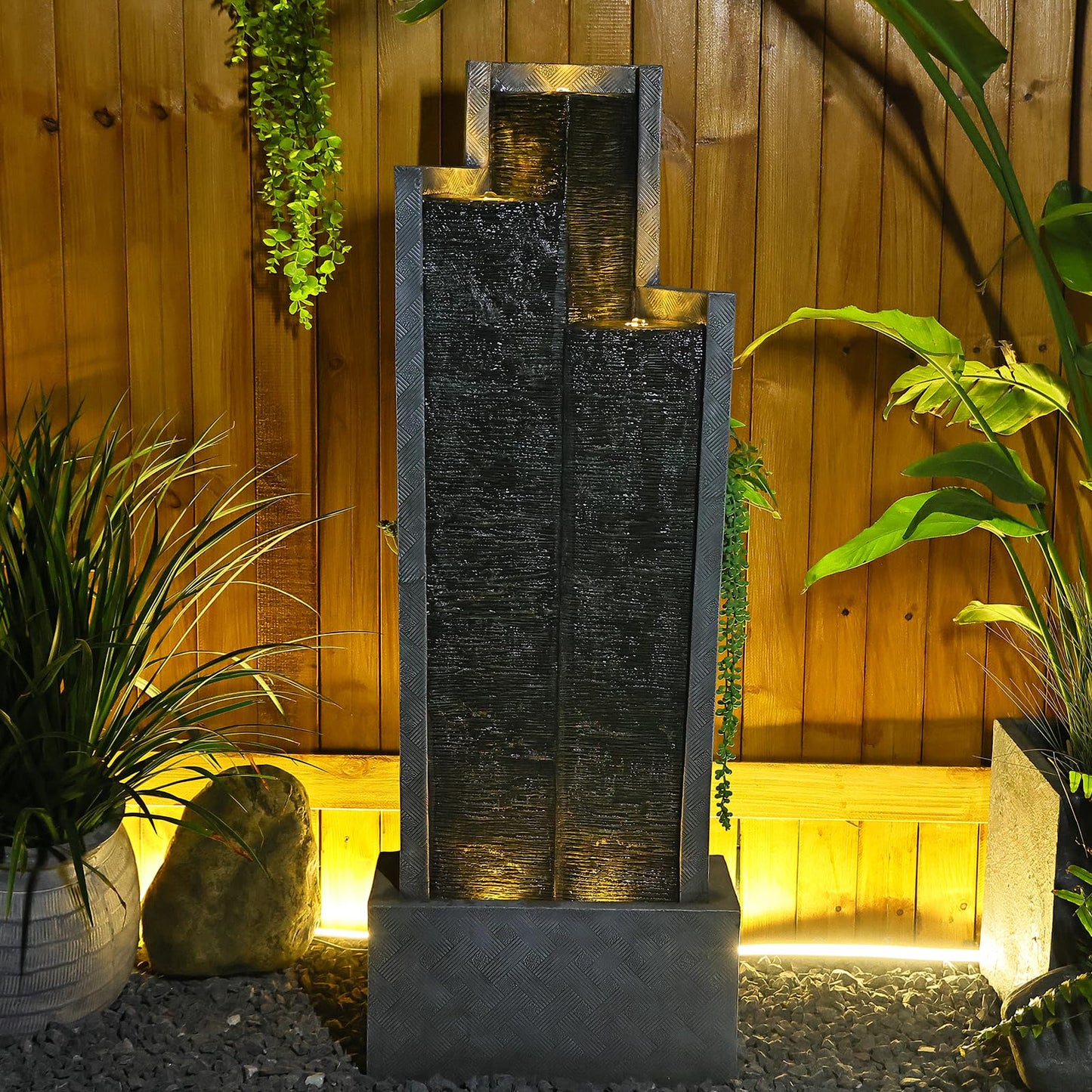 49.6" H Modern Water Outdoor Fountain,Garden Cascading Indoor Resin Water Fountains Tall Floor - Standing Fountain with LED Light for Patio, Yard, Deck and Home Decor
