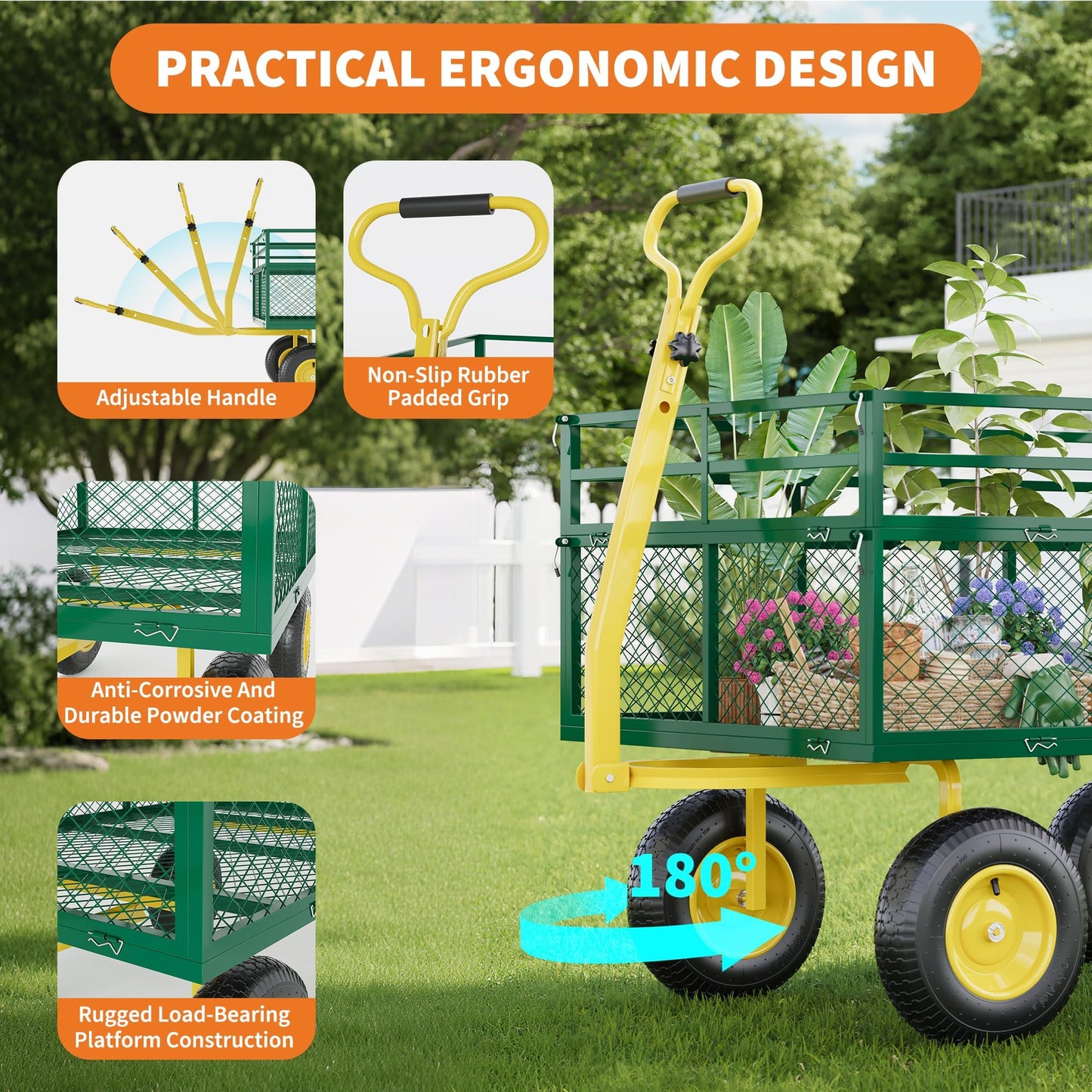 1400 Lbs Load Capacity Garden Cart, Metal Multi-Function Heavy-Duty Steel Garden Wagon, 3-in-1 Cart with 13 Inch All-Terrain Tires and Removable Mesh Side Panels, 180° Rotating Handle, Outdoor Gardens