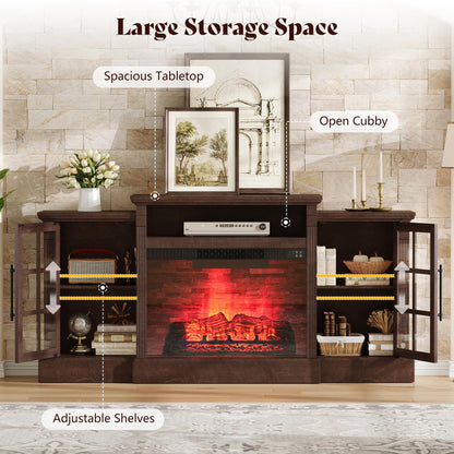 AMERLIFE 70" Farmhouse Fireplace TV Stand for TVs up to 80", Media Console with Storage Cabinets & Adjustable Shelves, Entertainment Center with 28" Electric Fireplace for Living Room, Rustic Brown