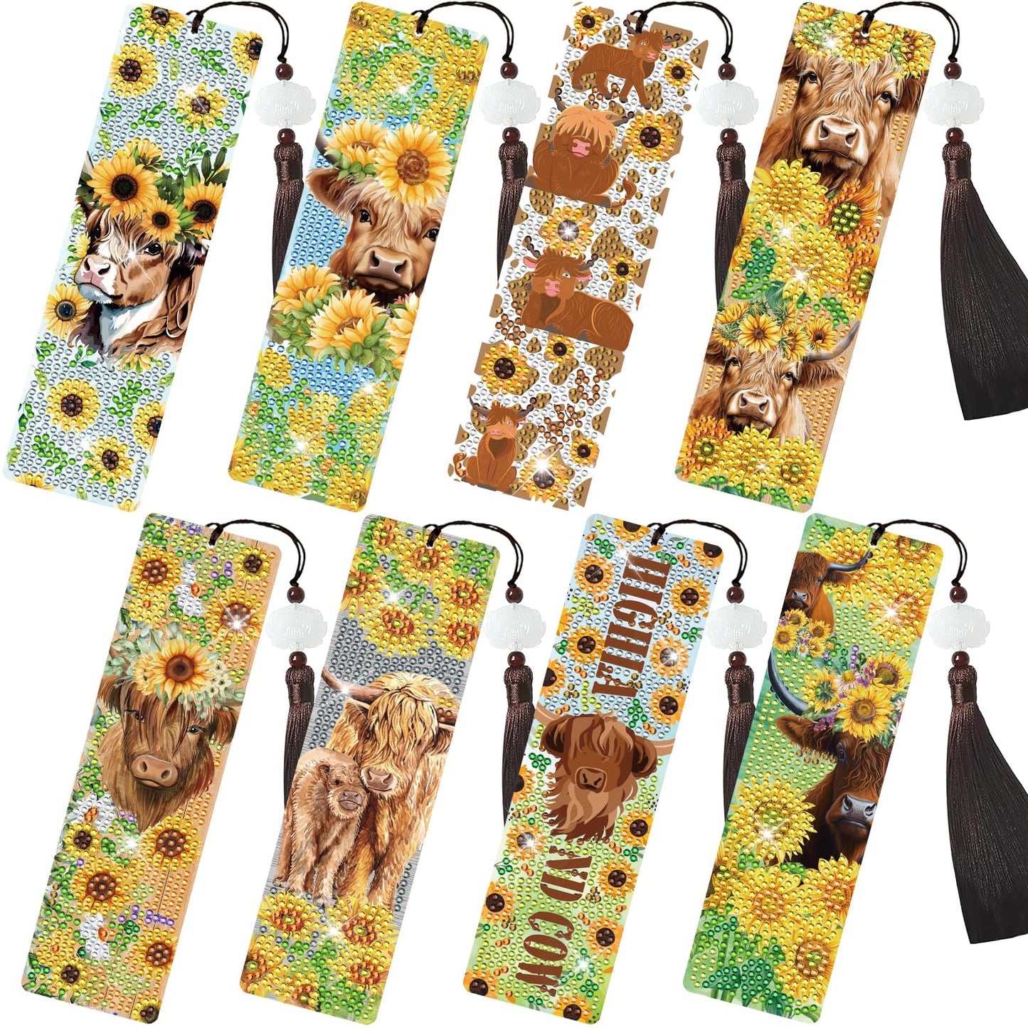 INCOK Diamond Painting Bookmarks Set - 8PCS Highland Cow 5D Diamond Art Bookmarks Kit with Tassel Sunflower Bookmarks Set for Highland Cow Lover Office Useful Project DIY Crafts Gifts Teacher