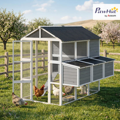 PawHut 77" Large Chicken Coop for 6-8 Chickens, Outdoor Wooden Hen House Poultry Cage with Run, 3 Nesting Boxes, Waterproof Roof, Removable Tray, Ramp for Farm Backyard, Gray