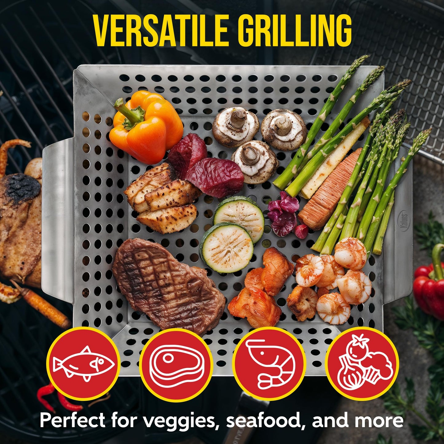 Kaluns Heavy Duty Stainless Steel Vegetable Grill Basket, Rectangular, Silver, Dishwasher Safe Grills and Vegetables