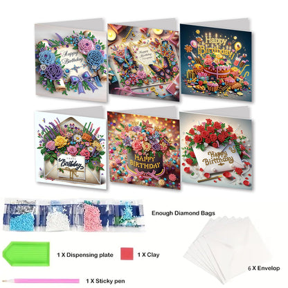 JJFox 6 Packs DIY 5D Diamond Painting Cards Kits for Adults，Special Shaped Rhinestone，Diamond Art Greeting Cards Gem Art Cards，Thank You Cards Blessing Gift for Women, Men, Mom, Grandma (Birthday-1)