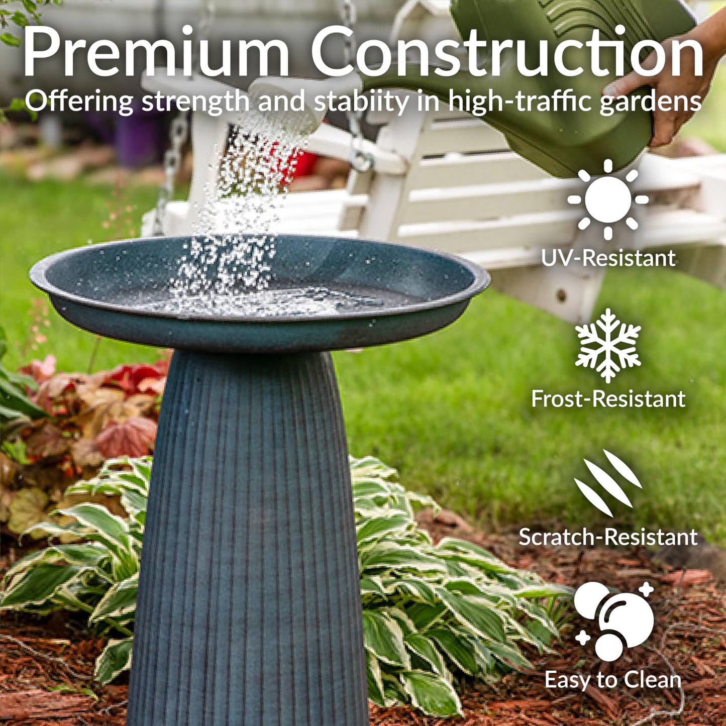 Sunnydaze Gleeful Garden 23" Iron Pedestal Bird Bath for Outside - Modern Shallow Basin Birdbath for Outdoors with UV-Protected Rust-Resistant Finish for Patio, Garden, Yard Decor - Matte Blue