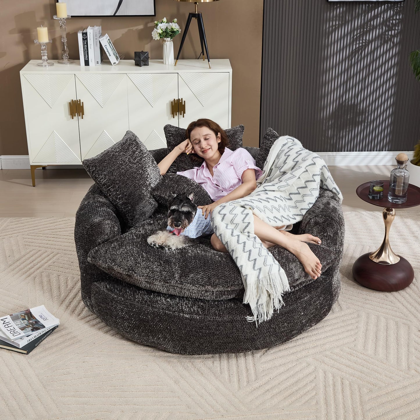 LITVZ Oversized Round Chaise Lounge Indoor, Comfy Round Boneless Sofa Chair with Extra Deep Seat, Cozy Memory Foam Cuddle Circle Couch and 5 Pillows for Reading Living Room