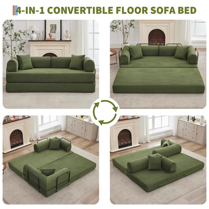 IDEALHOUSE 4 in 1 Convertible Sleeper Sofa Bed Couch, 79 Inch Boneless Corduroy Floor Couch with Pillows, No Assembly, Modern Deep Seat Sofa Futon Mattress for Living Room,Apartment,Green