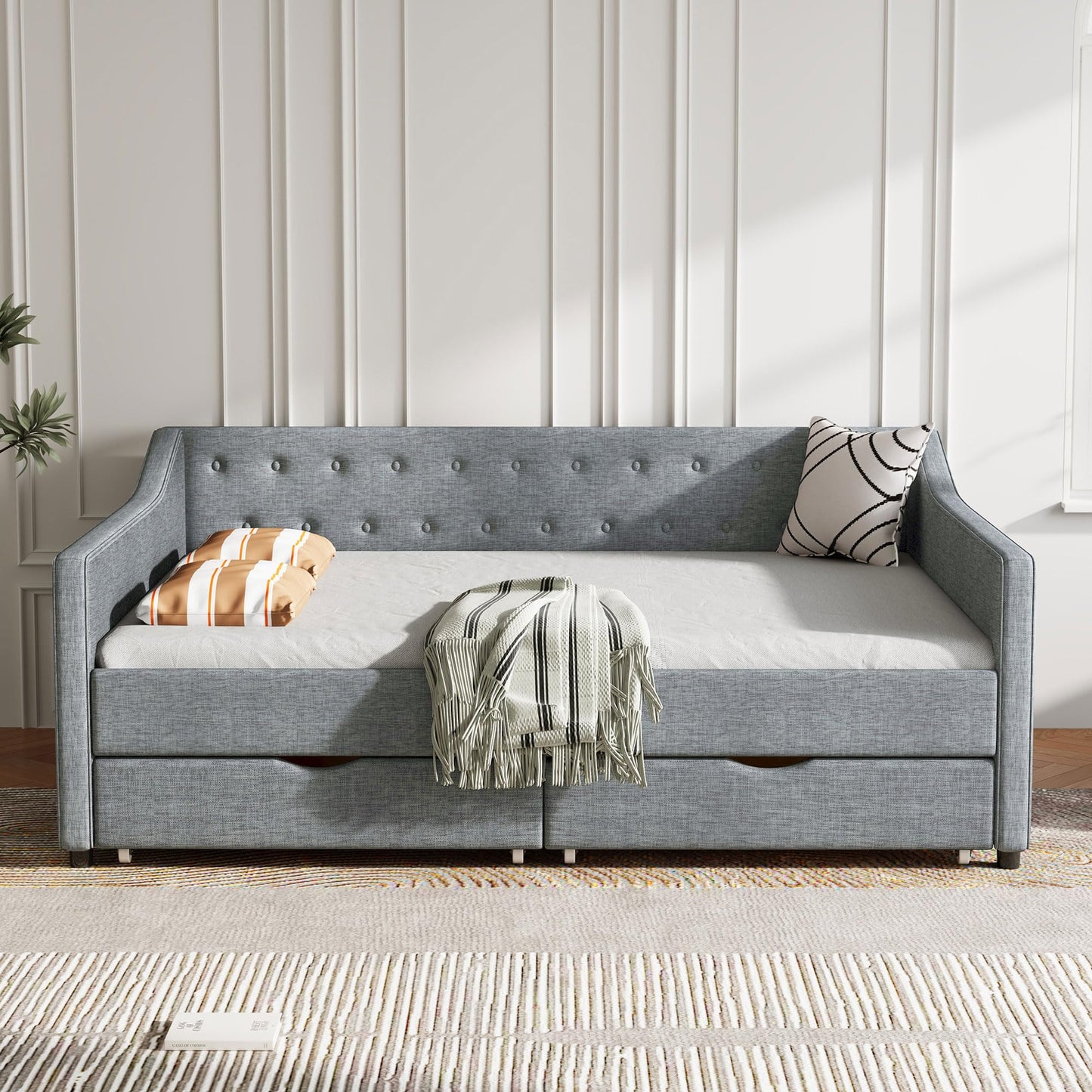 Ball & Cast Full Daybed W/ 2 Storage Drawers,Upholstered Day Bed W/Waved Shape Arms & Button Back,Sofa Bed for Bedroom,Guest Room,Living Room,No Box Spring Needed,Light Grey