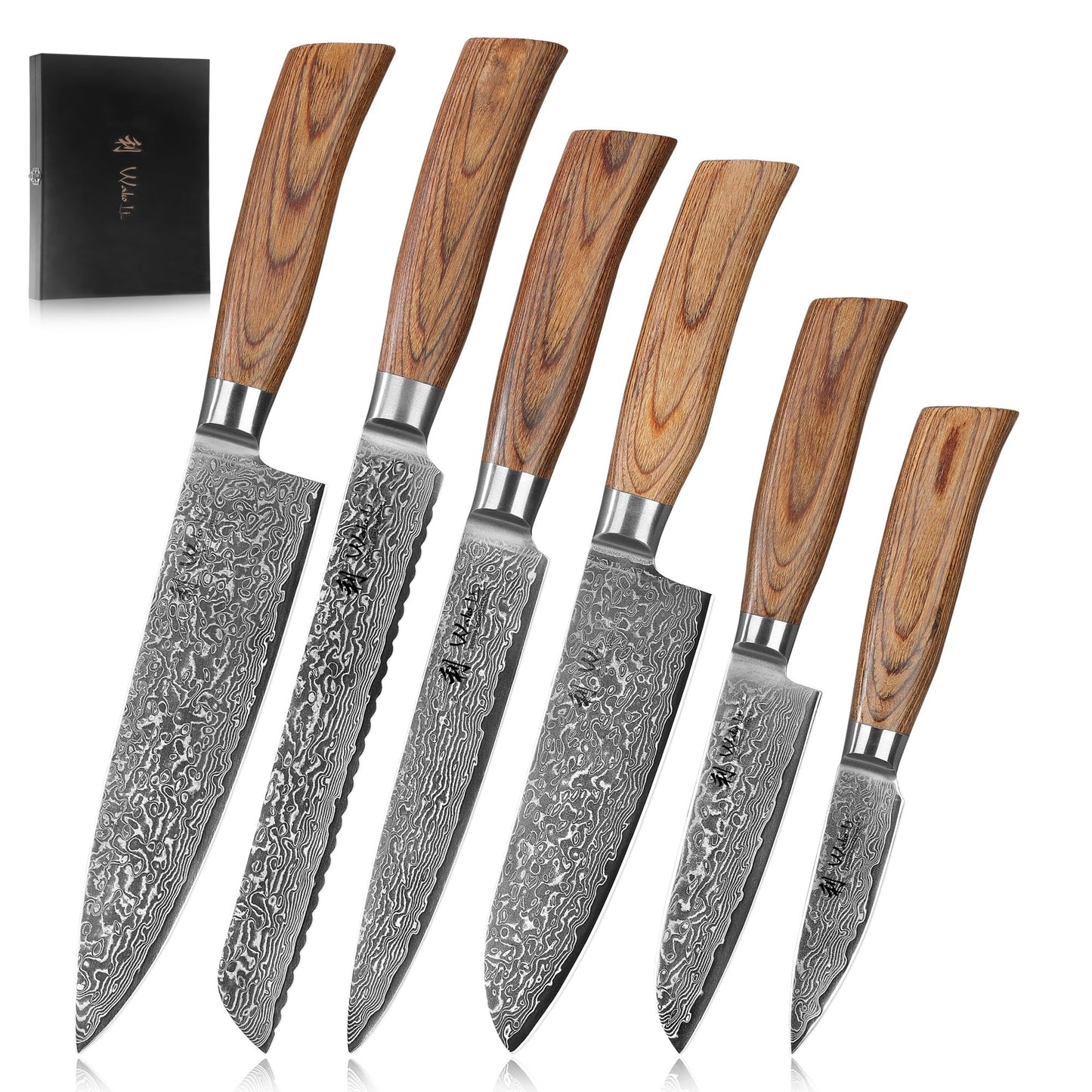 Wakoli EDIB Pro 6-Piece Damascus Knife Set – Professional Chef Knives Set with VG10 Core Blades, 67-Layer Damascus Steel and Ergonomic Pakkawood Handles – Premium Kitchen Knives in Elegant Gift Box