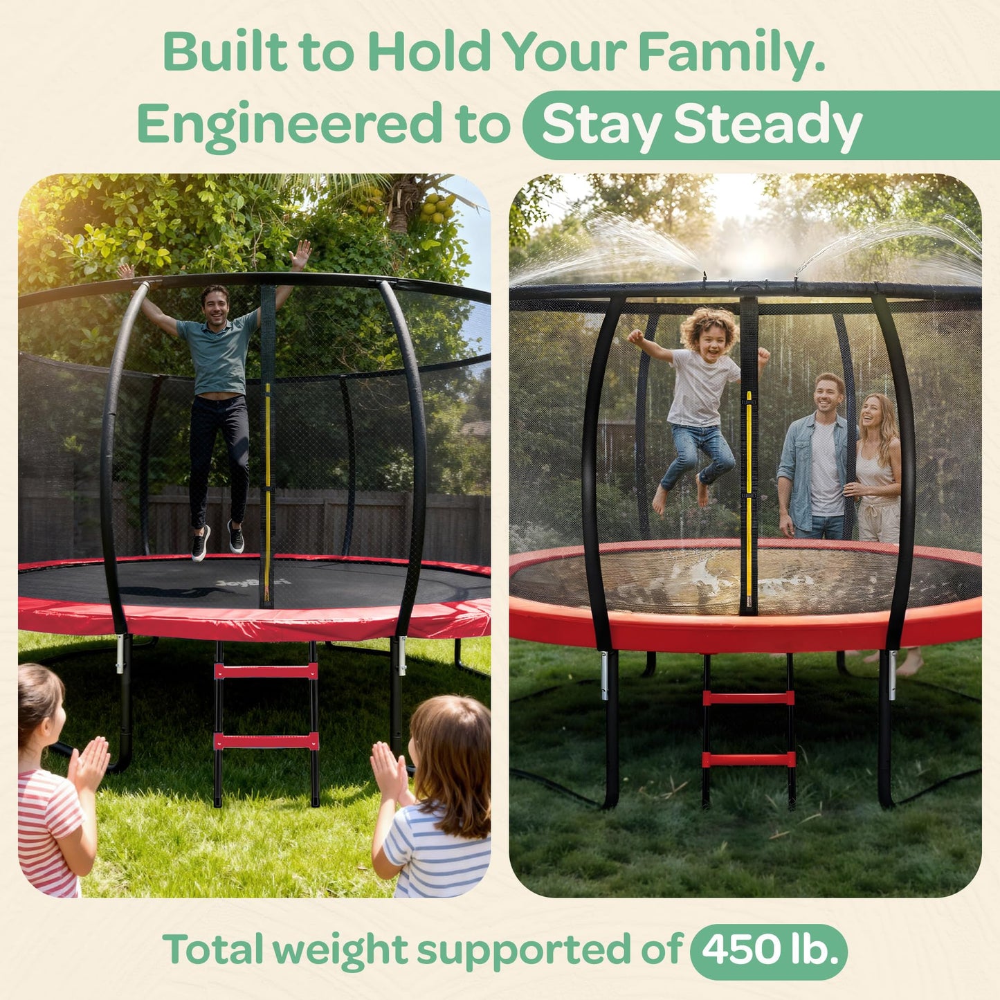 JoyBerri Trampoline Outdoor - Upsurge ASTM Certified Safe 8Ft 10Ft 12Ft 14Ft 15Ft 16Ft Recreational Trampoline for Kids and Adults. Anti-Rust Coating with Enclosure Net, Ladder, Sprinkler & LED Lights