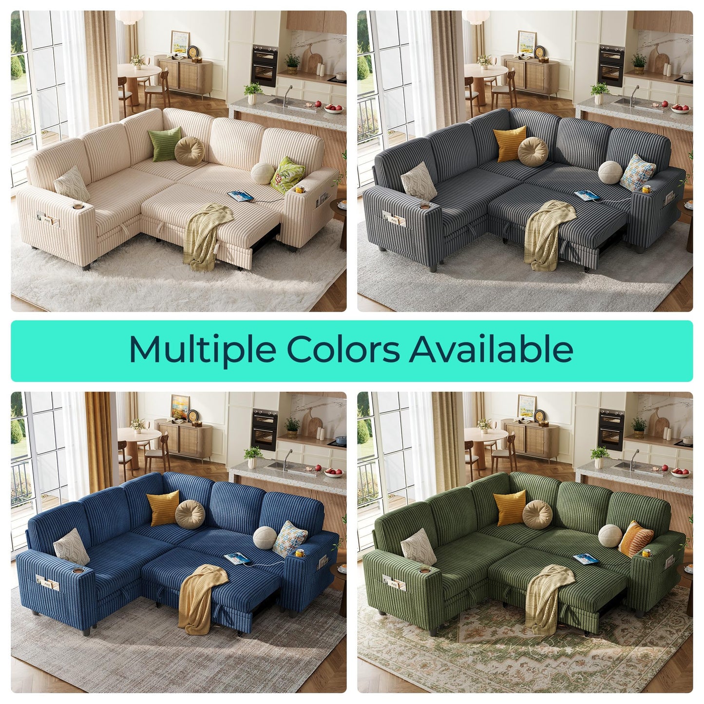 LINSY HOME Sectional Sleeper Sofa with Pull Out Couch Bed - Convertible Plush Corduroy Cloud Couch with Storage Chaise & USB Charging, Comfy L Shaped Modular Couches for Living Room Apartment (Grey)