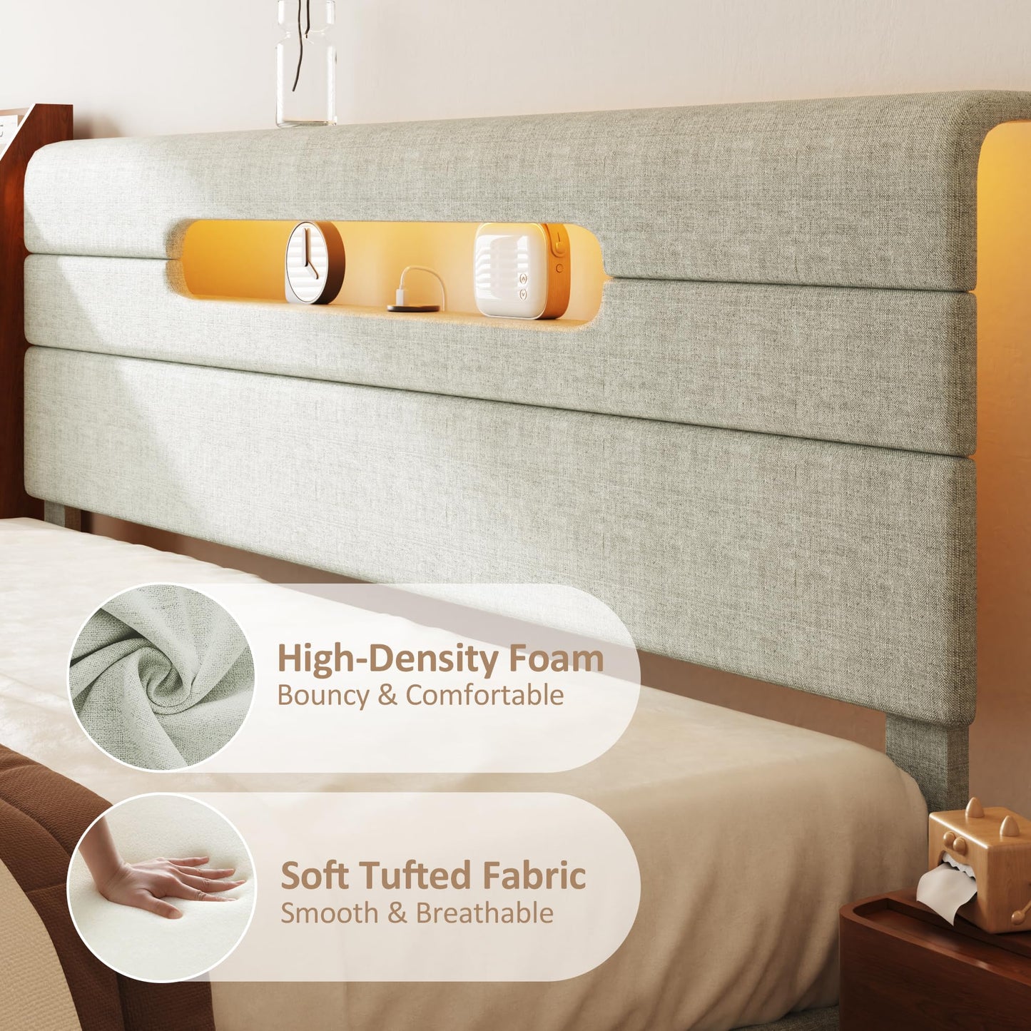 Sismplly Full Bed Frame with Linen Headboard, Platform Bed Frame with Upholstered Headboard, Mattress Foundation, No Box Spring Required, Easy Assembly, Light Green