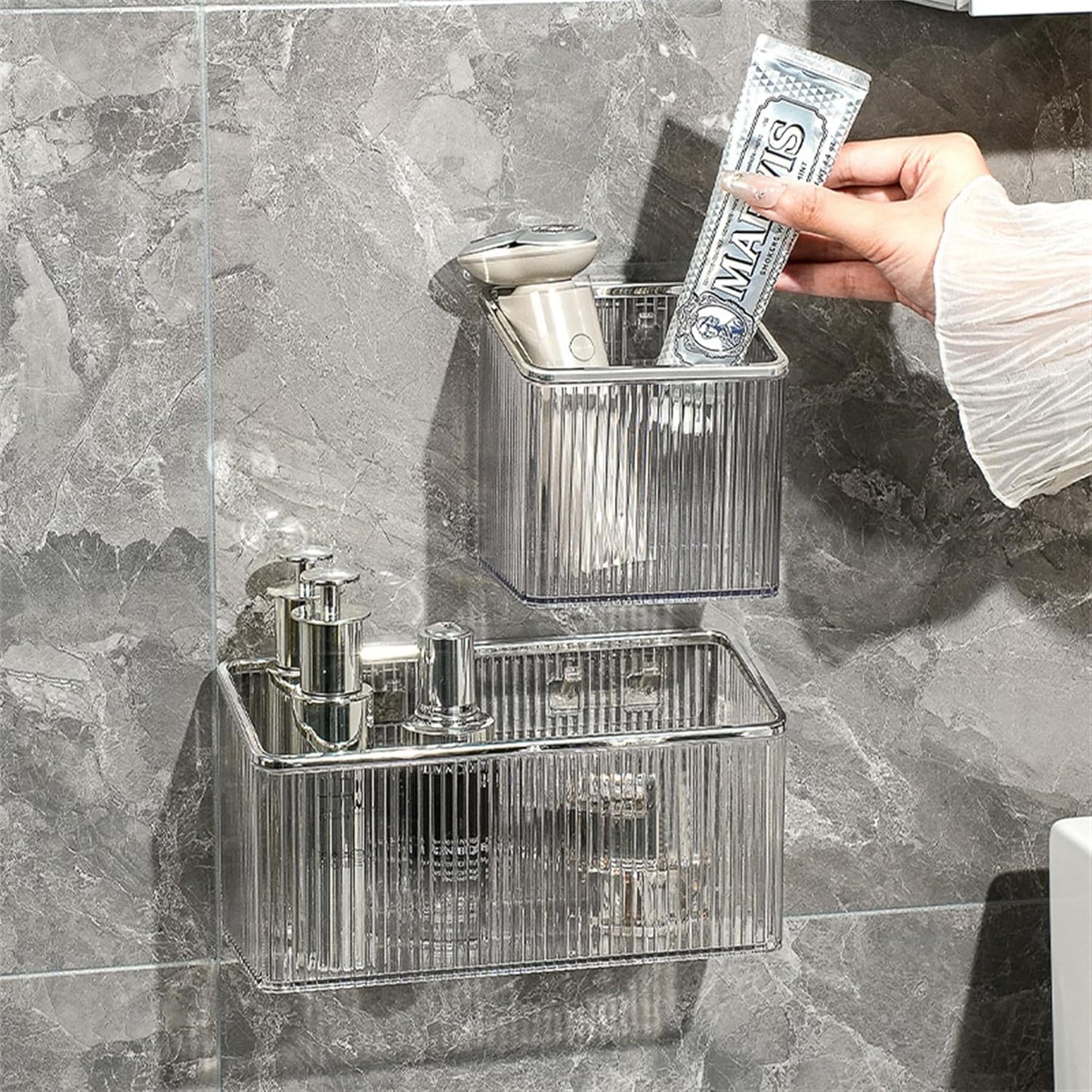 Qushy Floating Shelves Wall Bin Organizer, Adhesive Wall Mounted Plastic Storage for Makeup, Office, Kitchen