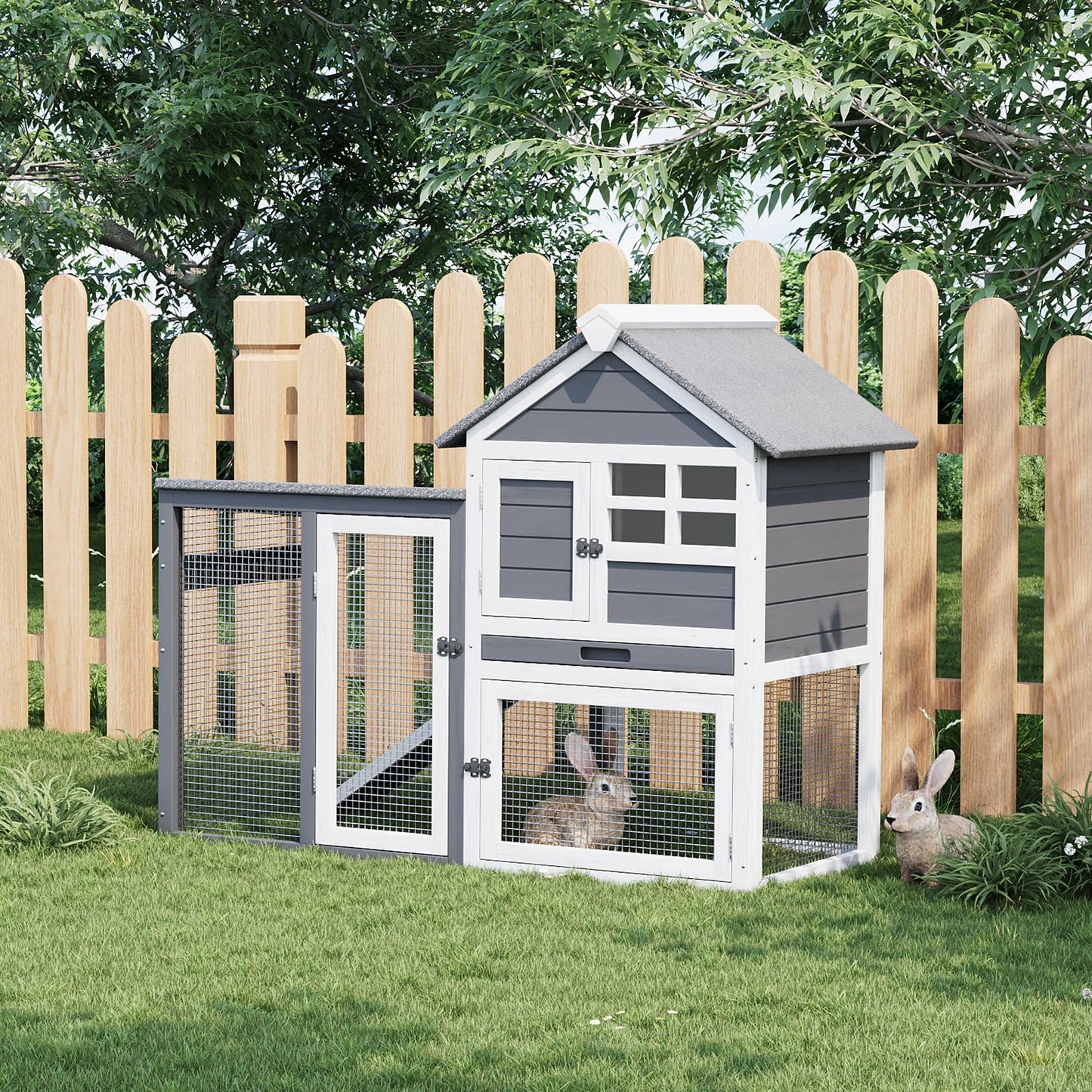 GarveeTech 2-Story Rabbit Hutch Outdoor, 45" Bunny Hutch, Small Chicken Coop Wooden with Pull-Out Tray & Ramp, Bunny Cage with Waterproof Roof, Poultry Cage for Bunnies, Chickens, Ducks, Guinea Pigs