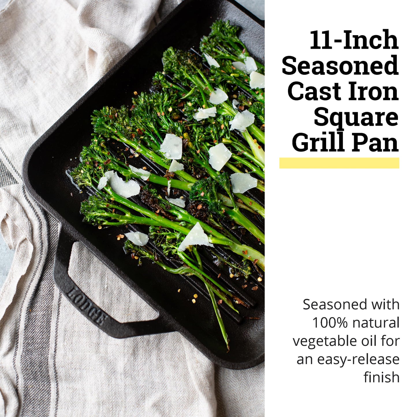 Lodge 11" Cast Iron Square Grill Pan - Chef Collection - Pre-Seasoned Cast Iron Pan - Versatile Cooking - Indoor & Outdoor Use - Incredible Heat Retention