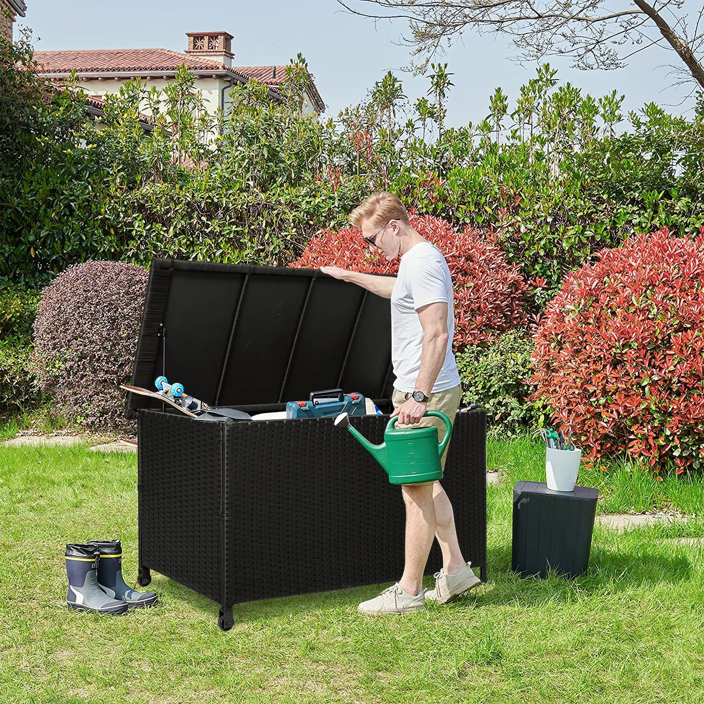 Outdoor Deck Box, Patio Waterproof Rattan Storage Box, Suitable for Furniture Cushions, Pool Equipment and Garden Tools Deck Storage Box At Deck Porch Back Yard Garden Swimming Pool