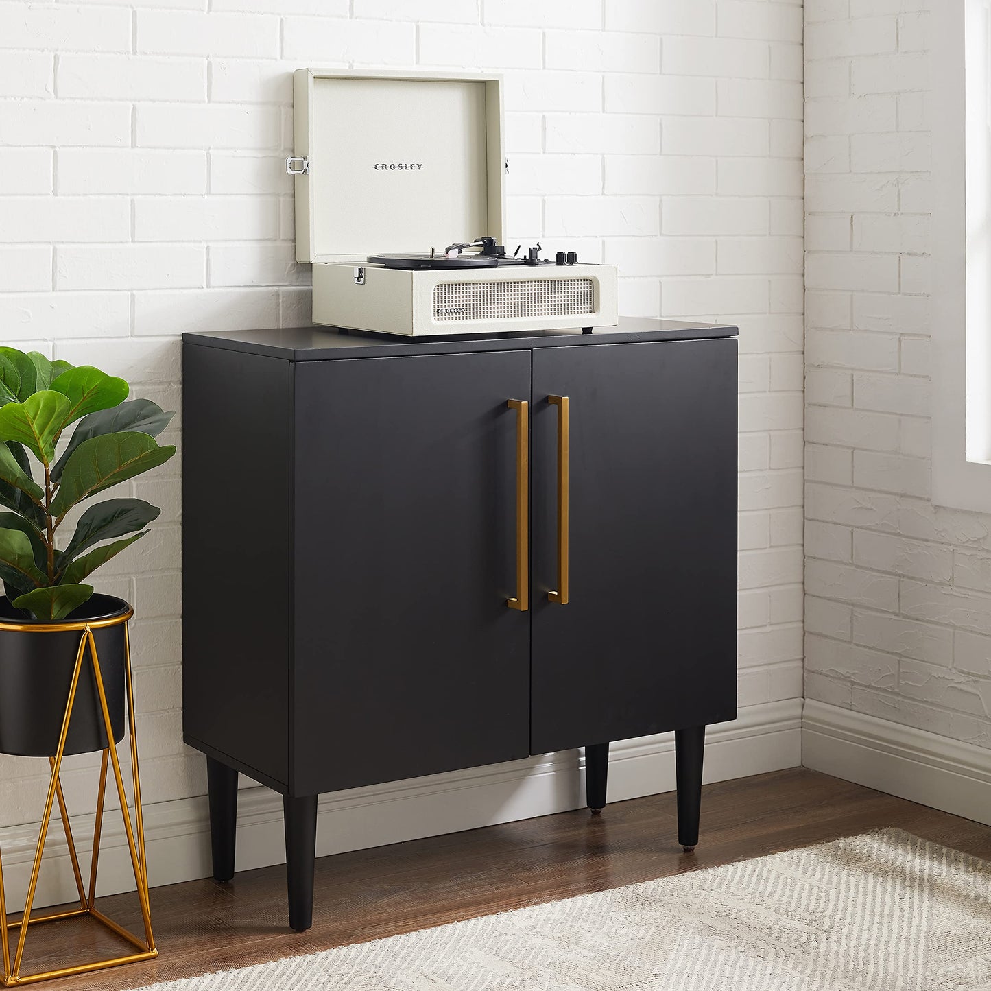 Crosley Furniture Everett Accent Storage Cabinet, Record Player Stand, Vinyl Records Holder, Matte Black