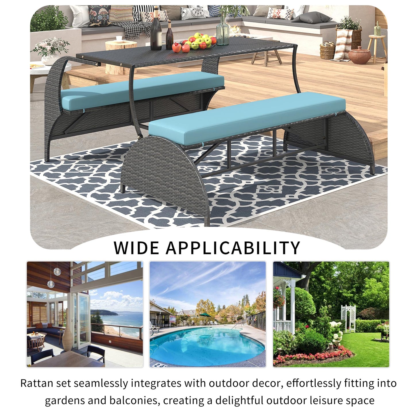 Llsmnba 2-in-1 Outdoor Convertible Bench to Picnic Table, Loveseat Sofa Set with Cushions, Patio Dining Furniture Set, Blue Cushion