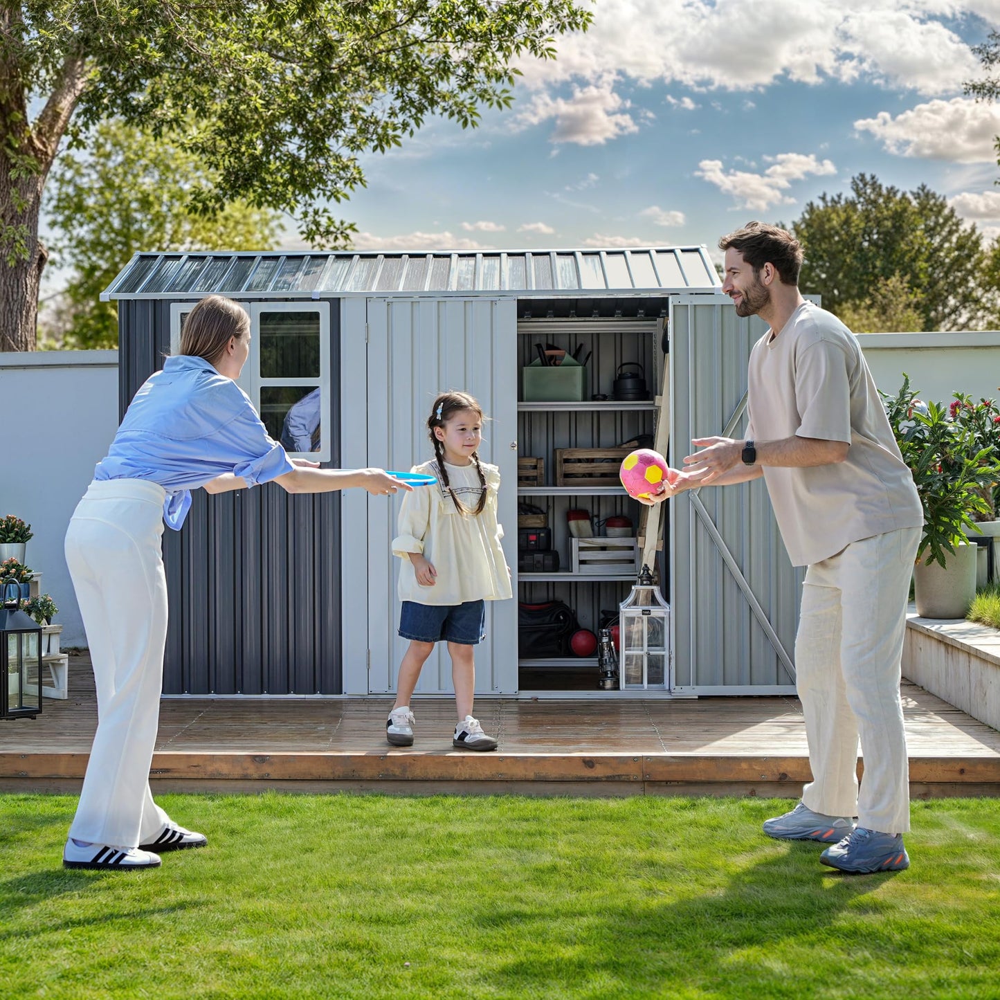 DWVO 8x6ft Metal Outdoor Storage Shed with Window, Lockable Tool Storage Sheds, Oversized Steel Garden Sheds with Sloped Roof for Backyard, Patio, Garage, Lawn (Gray + White)