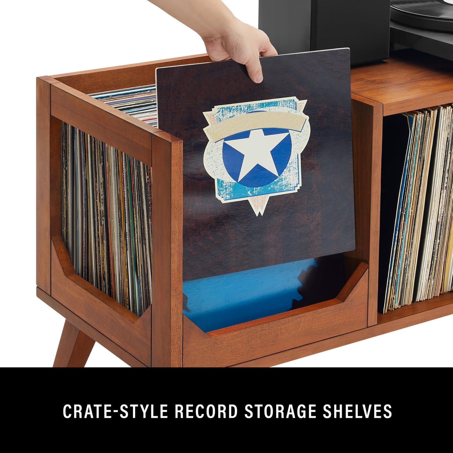 Crosley Furniture Asheville Mid-Century Modern Media Console Record Player Stand, Storage for Vinyl Records, Walnut