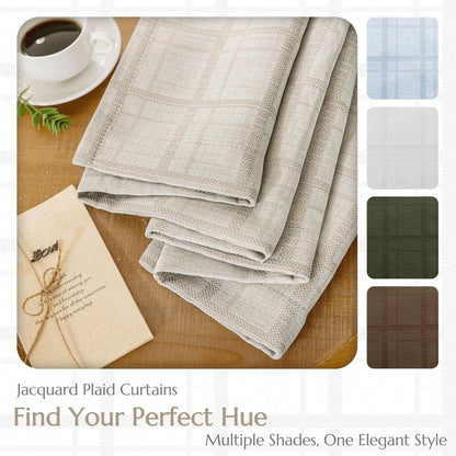 Beauoop Beige Plaid Jacquard Blackout Curtains 84 Inches Long 2 Panels for Bedroom Living Room Gingham Checkered Room Darkening Thermal Insulated Soundproof Grommet Window Drapes, 52x84 2 Set