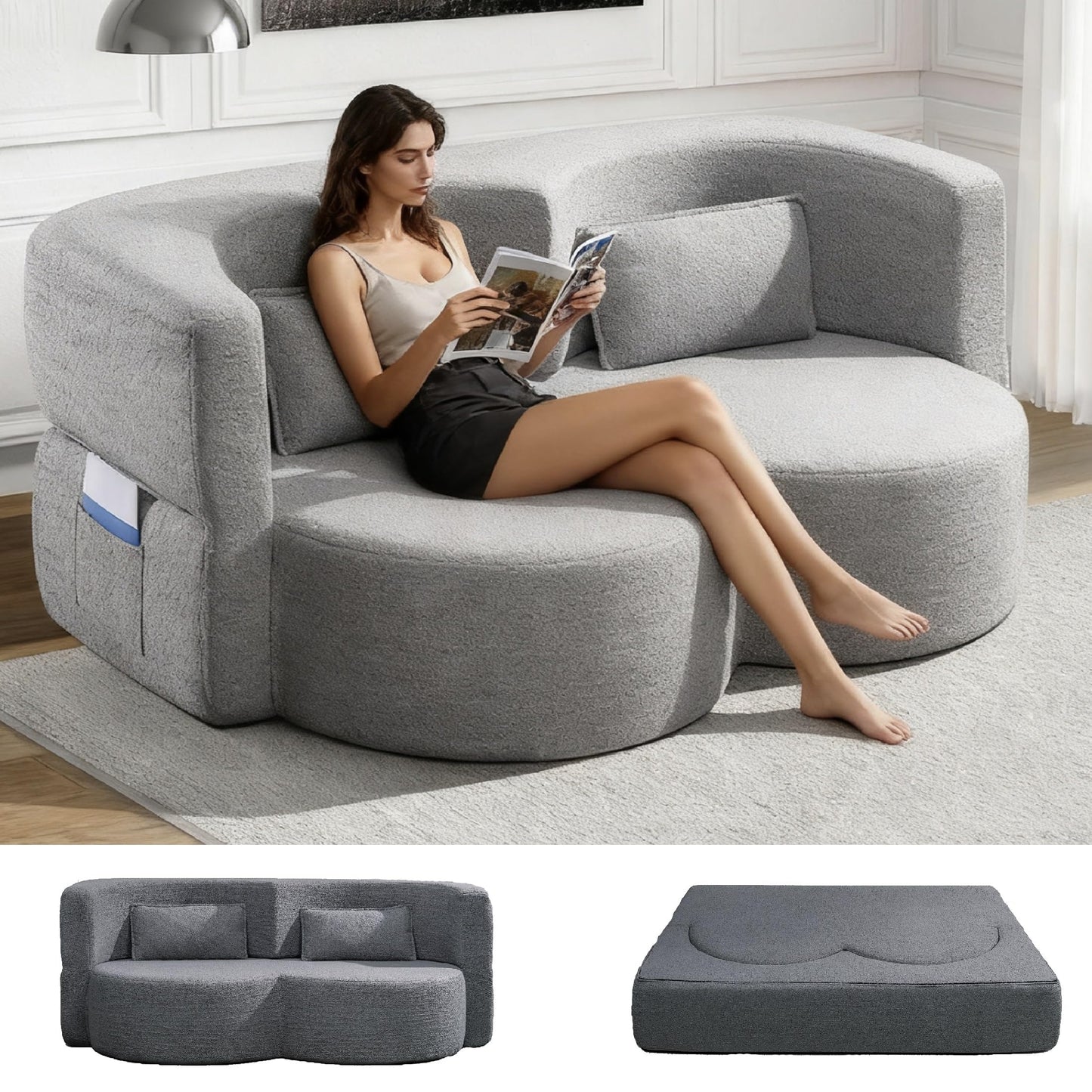 KEIKI 79" Convertible Floor Sofa Bed, Fold ‌Teddy Sleeper Cloud Couch with Storage & Deep Seat, Comfy Upholstery Curved Boneless Futon Couches, 2-in-1 Sofas for Living Room Bedroom, No Assembly, Grey