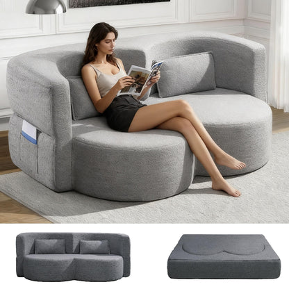KEIKI 79" Convertible Floor Sofa Bed, Fold ‌Teddy Sleeper Cloud Couch with Storage & Deep Seat, Comfy Upholstery Curved Boneless Futon Couches, 2-in-1 Sofas for Living Room Bedroom, No Assembly, Grey